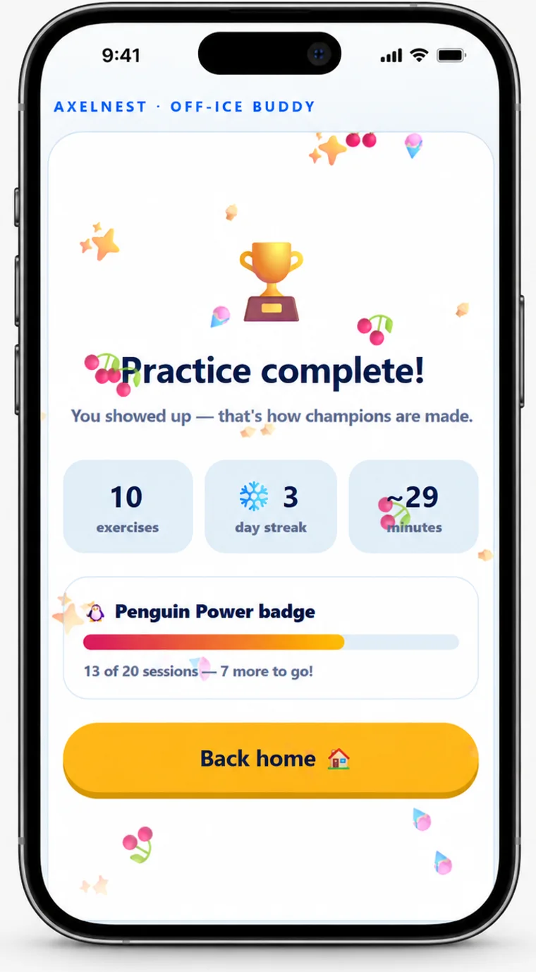 The finish screen on a phone: a trophy over confetti, Practice complete!, the line You showed up — that's how champions are made, tiles reading 10 exercises, 3 day streak and about 29 minutes, and a progress bar toward the Penguin Power badge.