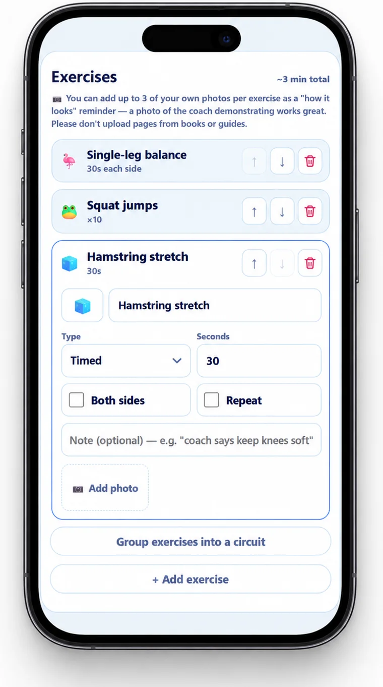 The Off-Ice Buddy routine builder on a phone: a list of exercises with one open for editing, showing its type, duration, the both-sides and repeat controls, a note field, and a button to add your own photo.